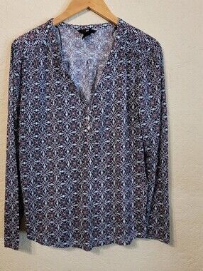 H&M Geometric Mosaic Print Long Sleeve Henley Blouse V-Neck Sz M